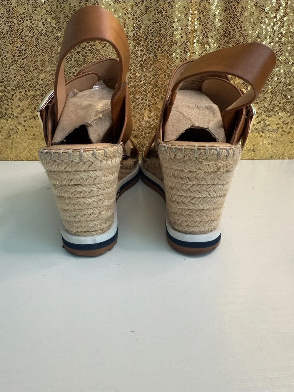 Tommy Hilfiger Cognac Leather Espadrille Wedge Sandals